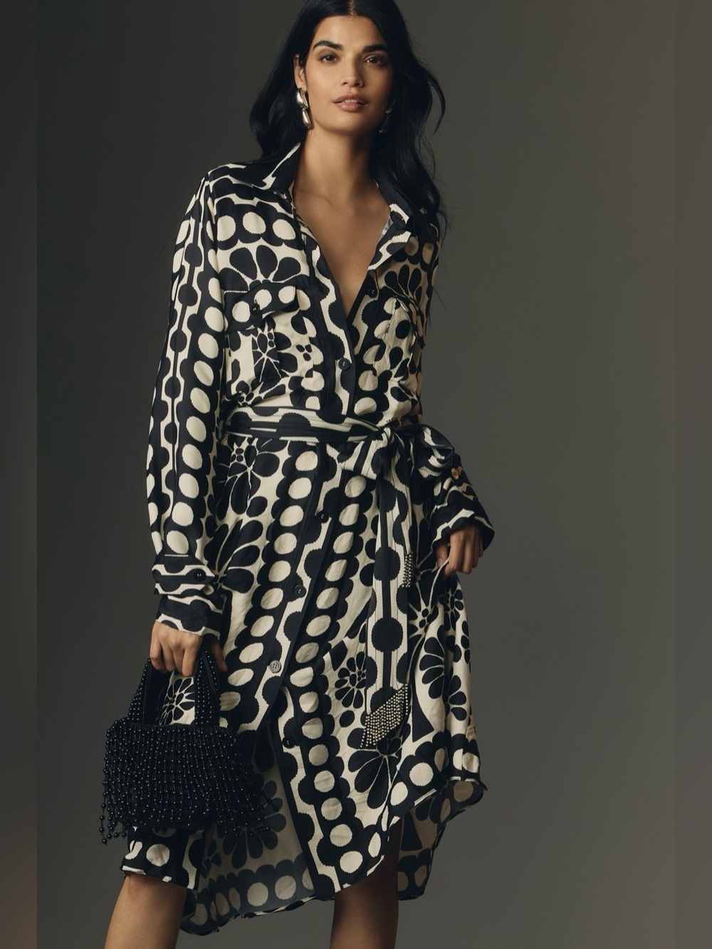 NWT Farm Rio Palermo belted midi shirt dress in bold black and white print. S.